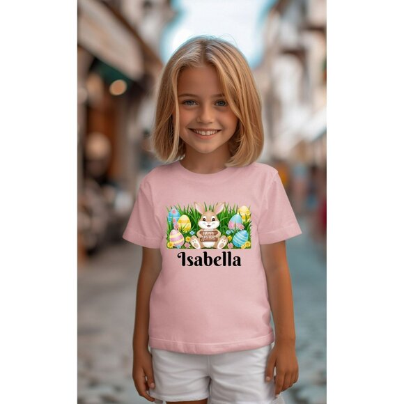Personalized Easter Bunny & Egg Cotton T-Shirt For Toddlers - Short Sleeve Tee - Picture 1 of 2